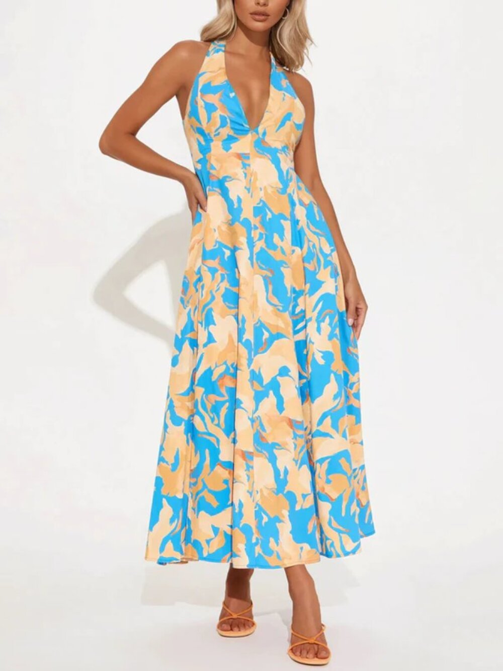 Fashion Nova Blue and Cream Halter Midi Dress